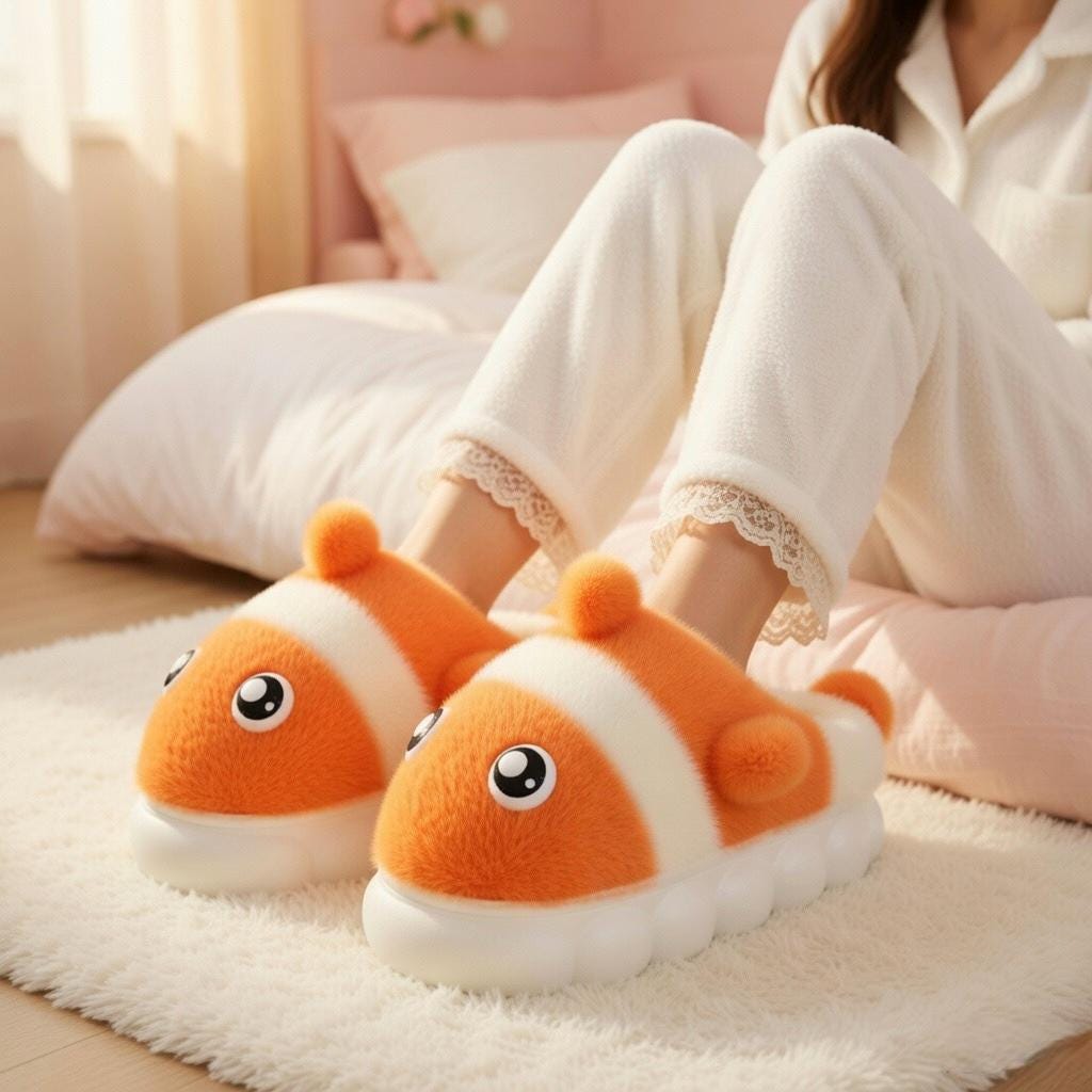 Clownfish Plush Slippers | Cozy Cartoon Fish Indoor House Shoes | SoftSlipsy