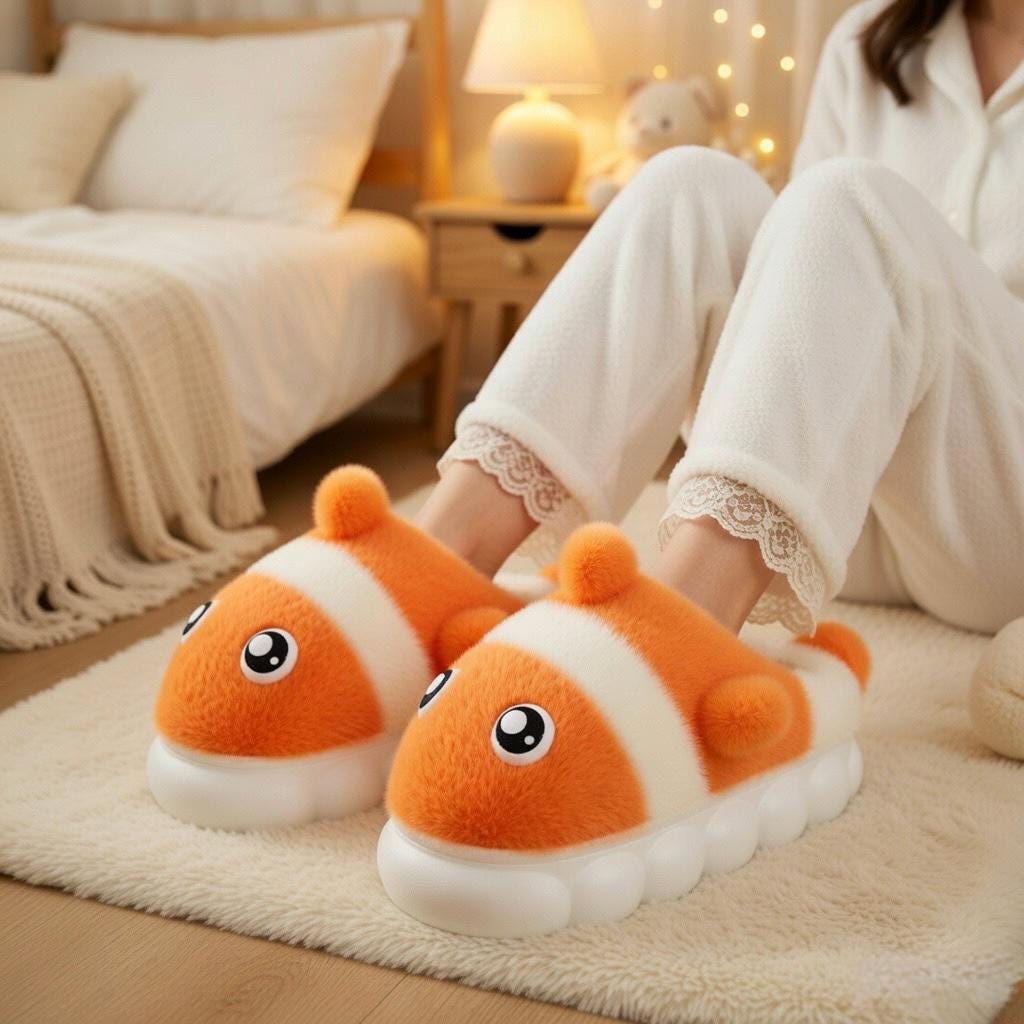 Clownfish Plush Slippers | Cozy Cartoon Fish Indoor House Shoes | SoftSlipsy