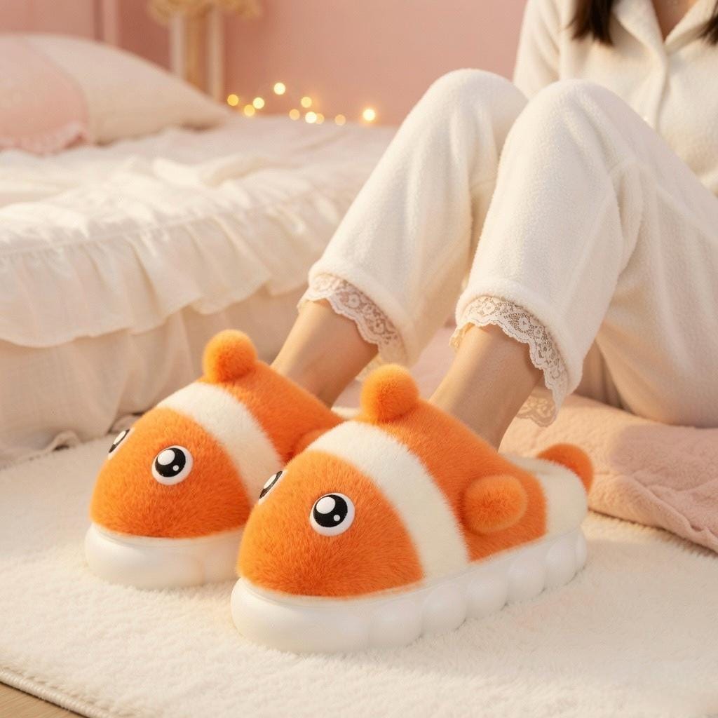 Clownfish Plush Slippers | Cozy Cartoon Fish Indoor House Shoes | SoftSlipsy