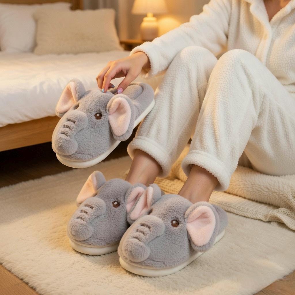 Plush Elephant Slippers | Cozy Fluffy Animal House Shoes (Winter Warmth) | SoftSlipsy