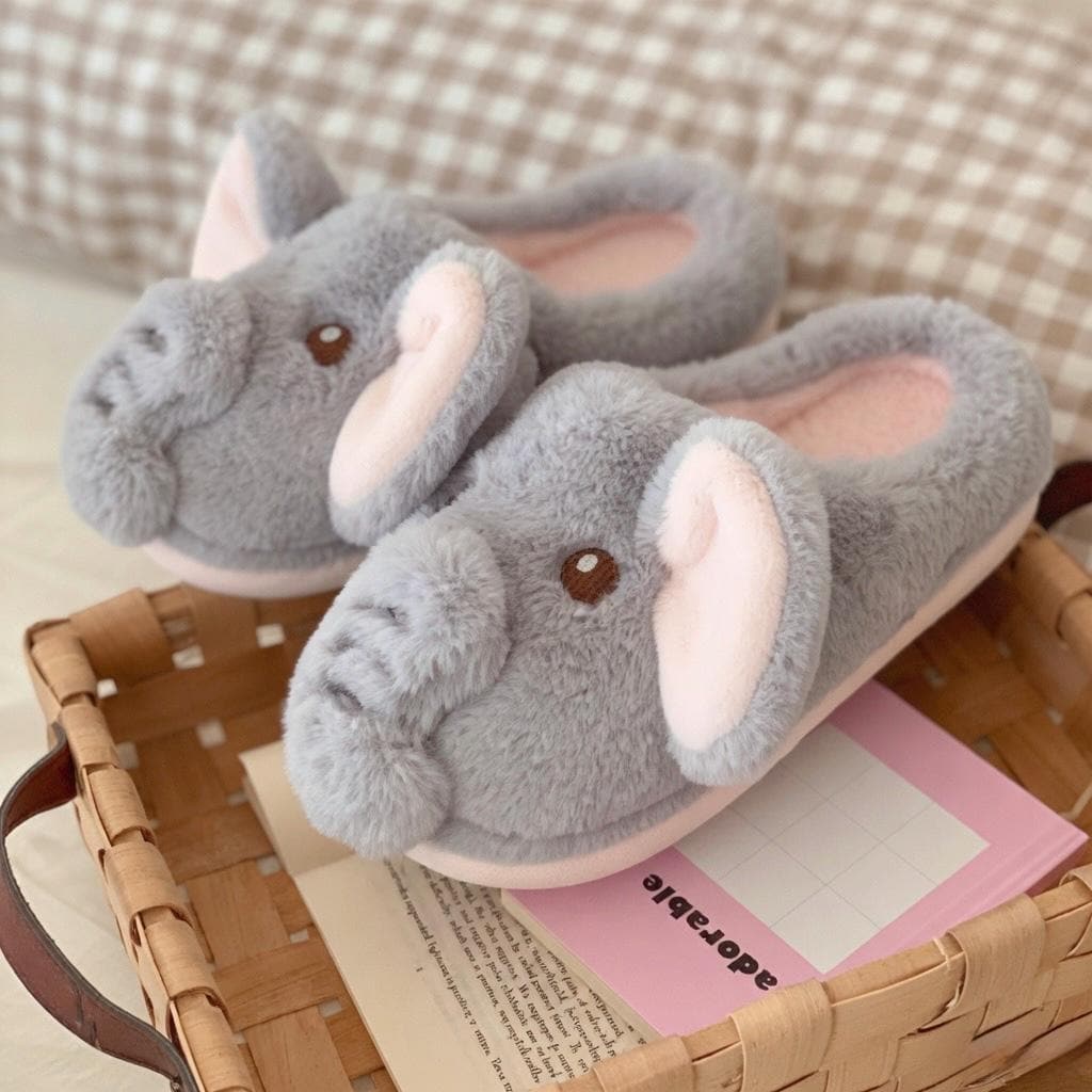 Plush Elephant Slippers | Cozy Fluffy Animal House Shoes (Winter Warmth) | SoftSlipsy