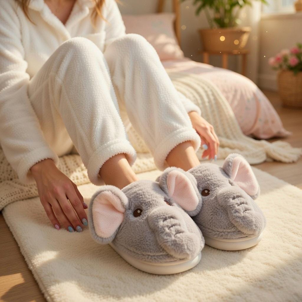 Plush Elephant Slippers | Cozy Fluffy Animal House Shoes (Winter Warmth) | SoftSlipsy