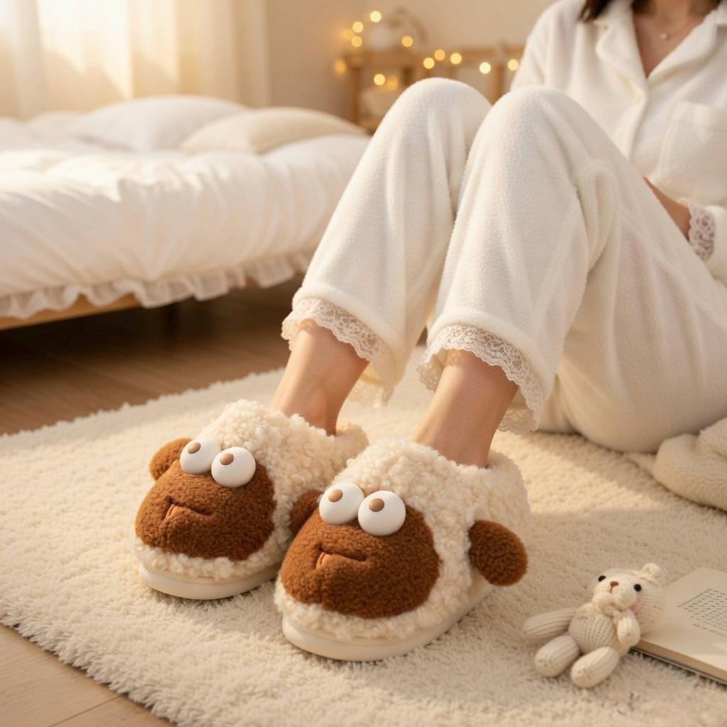 Plush Sheep Slippers | Cozy Fluffy Animal House Shoes (Non-slip Sole) | SoftSlipsy