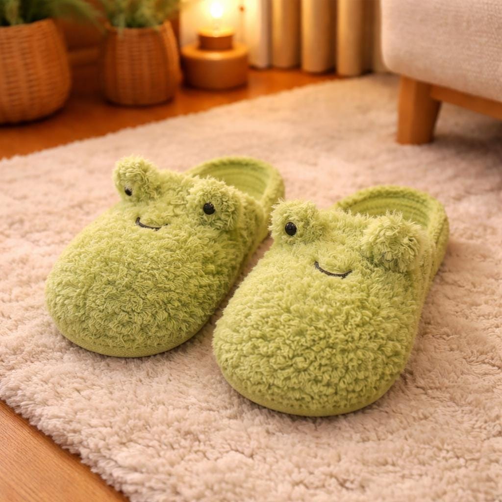Plush Frog Slippers | Cozy Fluffy Animal House Shoes, Winter Warmth | SoftSlipsy