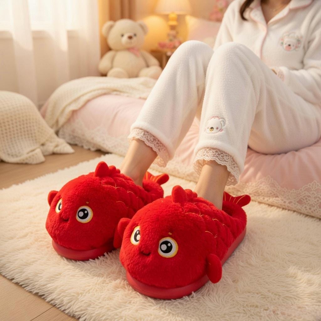 Red Koi Fish Plush Slippers | Cozy Cartoon Animal Indoor Shoes | SoftSlipsy