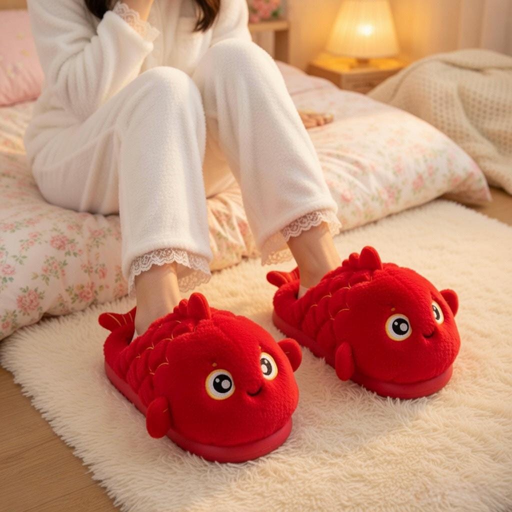 Red Koi Fish Plush Slippers | Cozy Cartoon Animal Indoor Shoes | SoftSlipsy