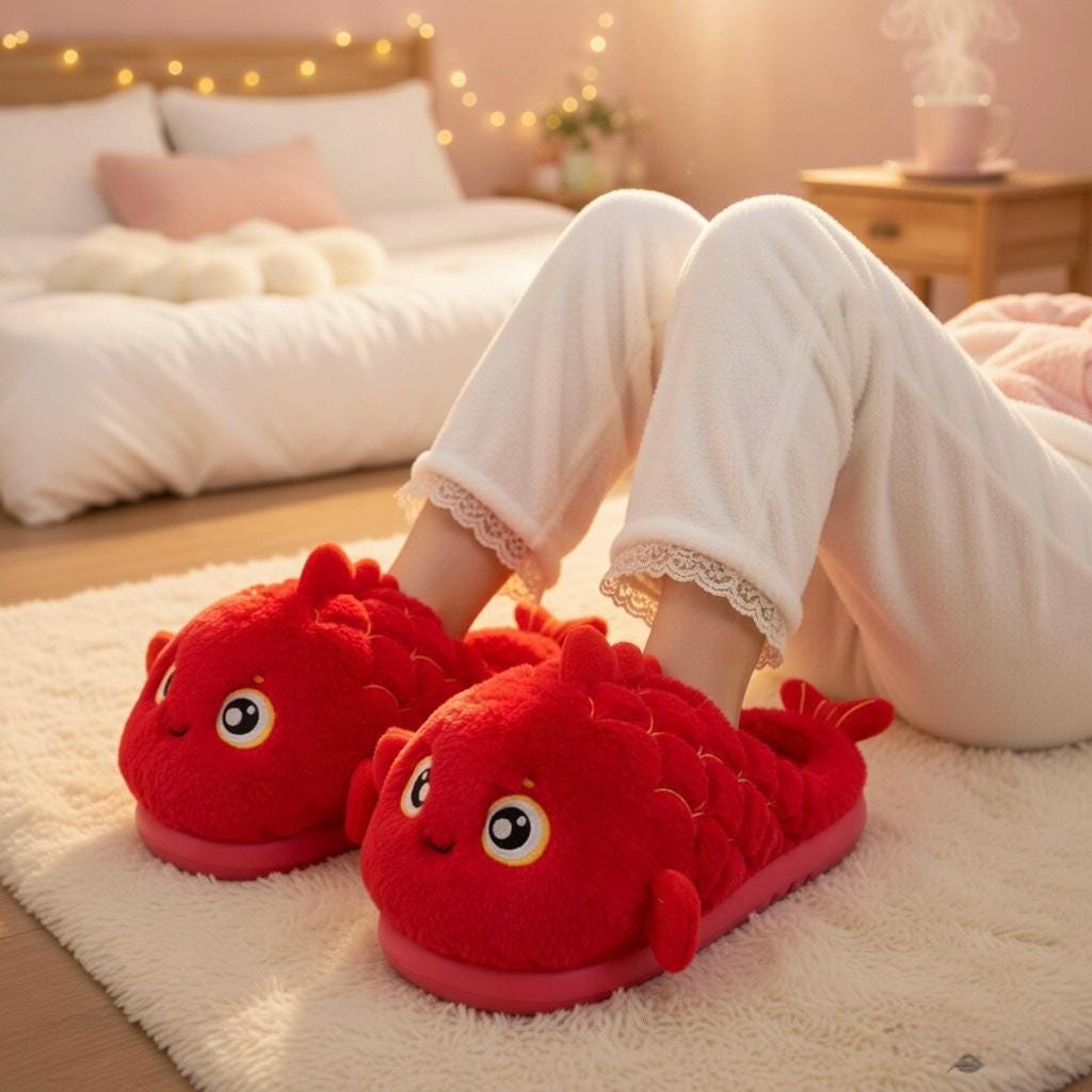 Red Koi Fish Plush Slippers | Cozy Cartoon Animal Indoor Shoes | SoftSlipsy