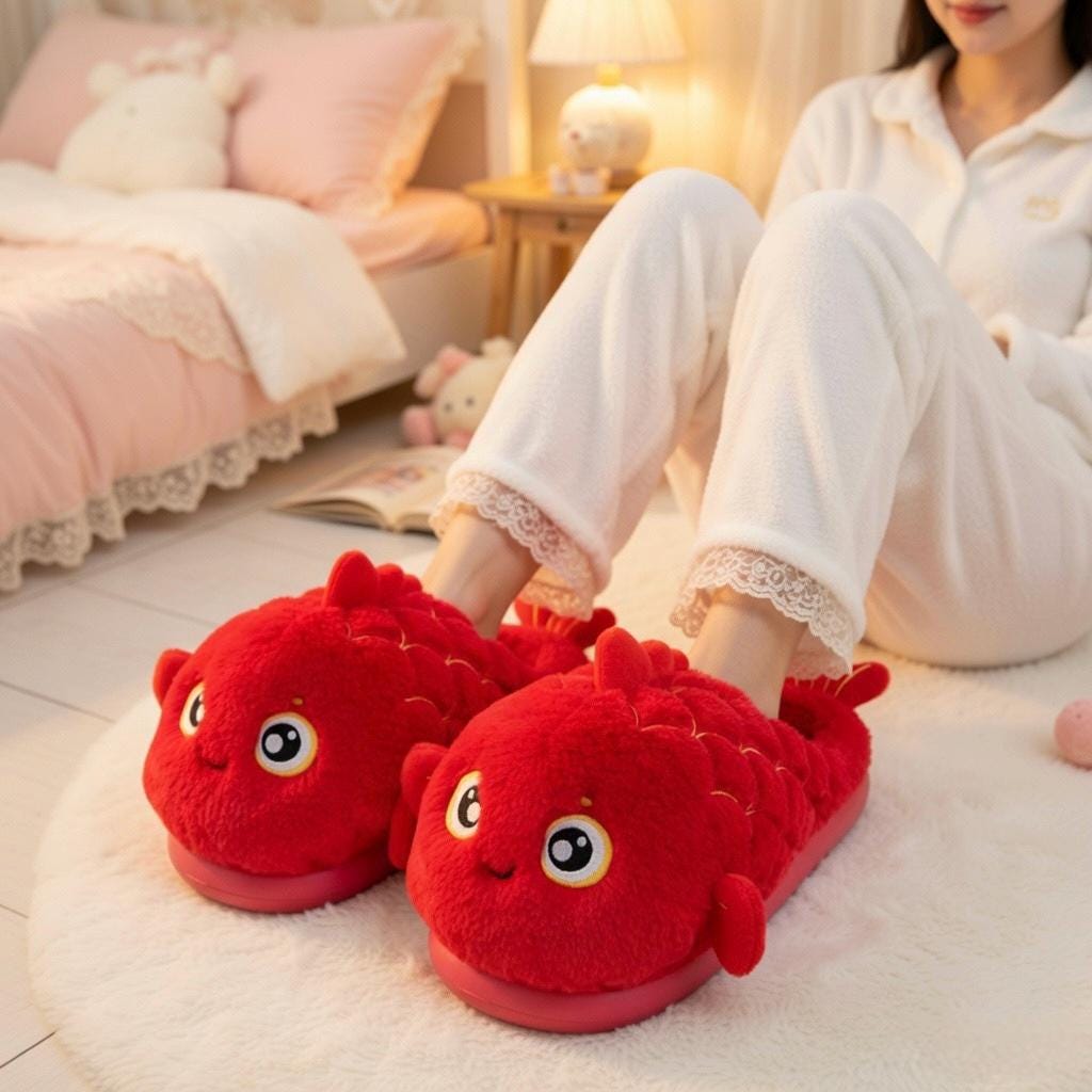 Red Koi Fish Plush Slippers | Cozy Cartoon Animal Indoor Shoes | SoftSlipsy