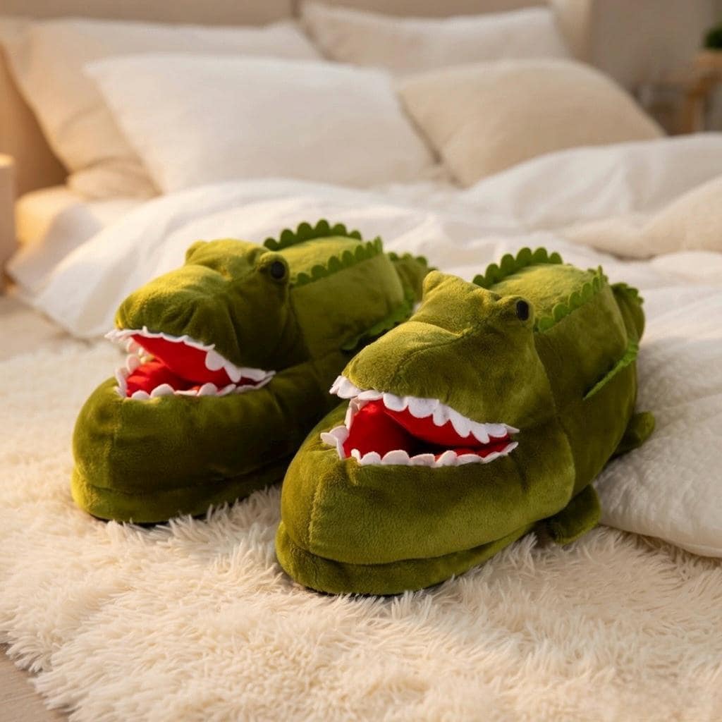 Plush Crocodile Slippers | Cozy Cartoon Animal House Shoes | SoftSlipsy