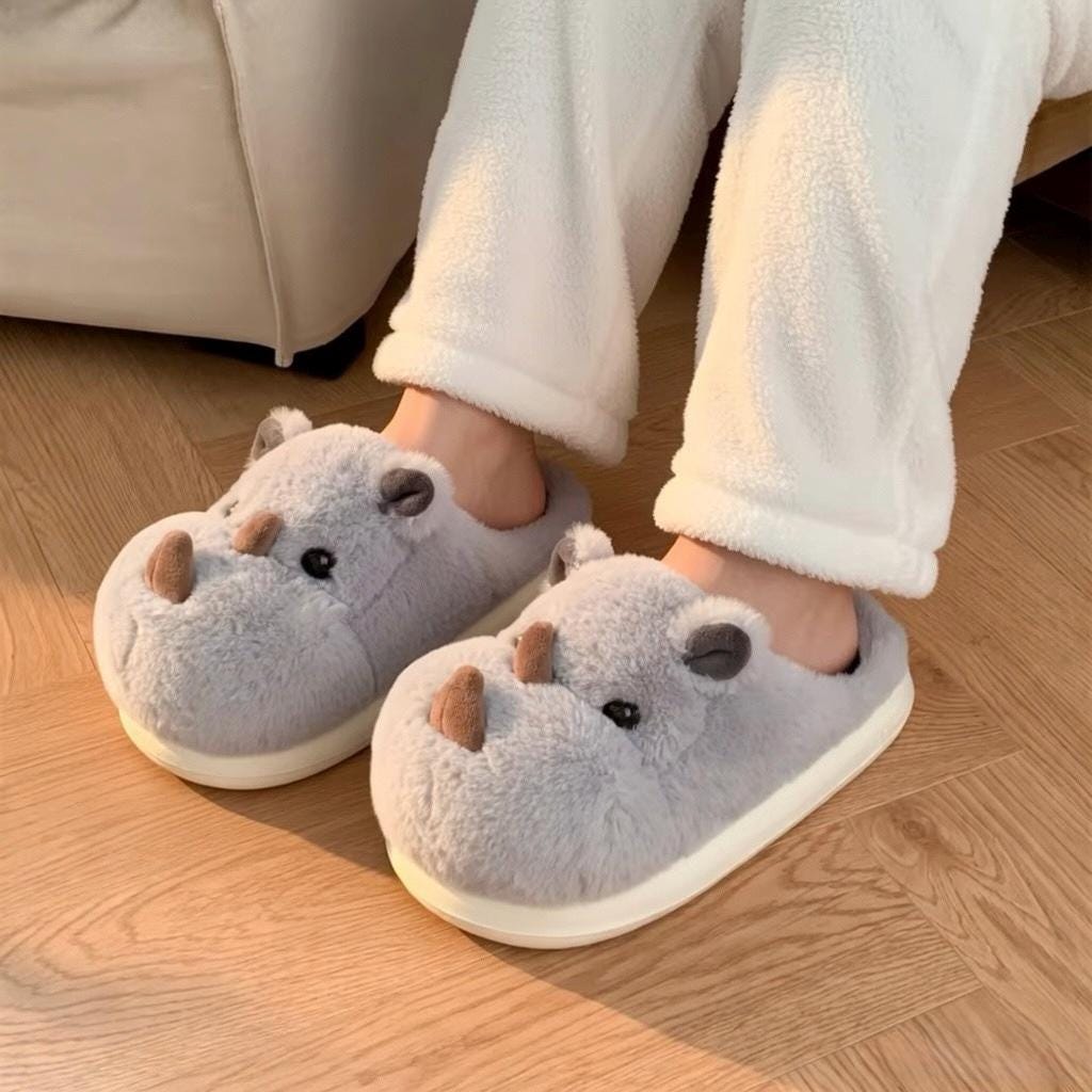 Rhino Slippers Plush Animal Slippers Women | Cute Rhinoceros House Slippers | Cartoon Indoor Slippers | Cozy Home Shoes Gift | SoftSlipsy