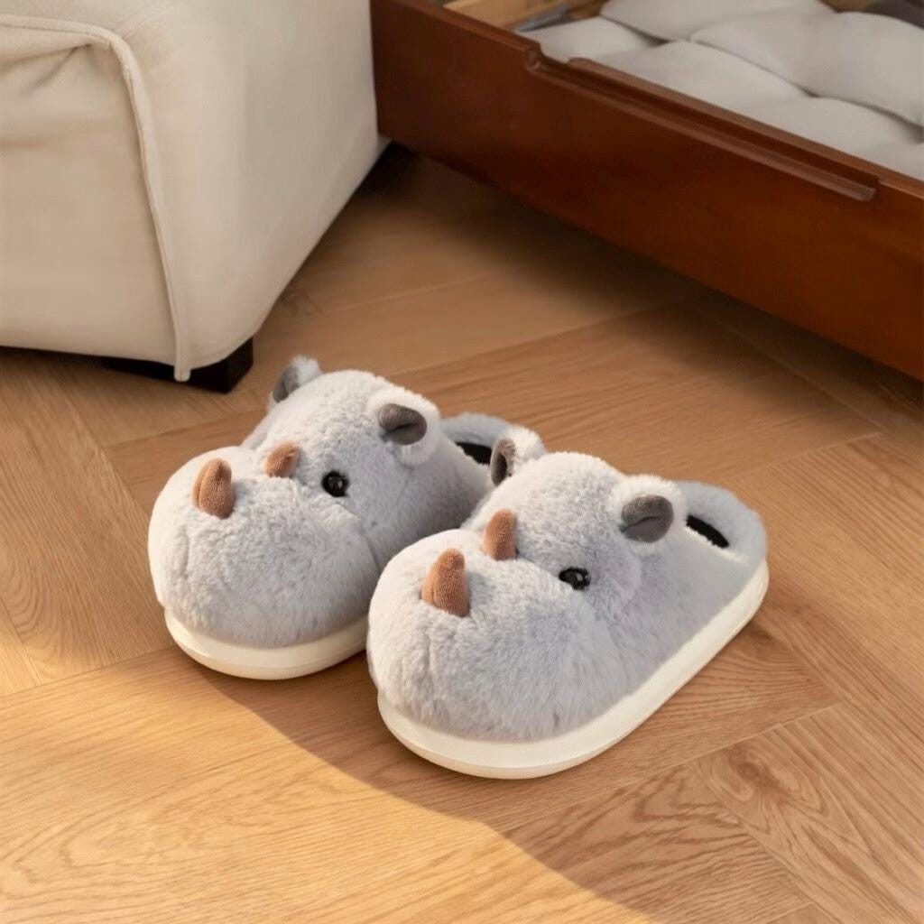 Rhino Slippers Plush Animal Slippers Women | Cute Rhinoceros House Slippers | Cartoon Indoor Slippers | Cozy Home Shoes Gift | SoftSlipsy
