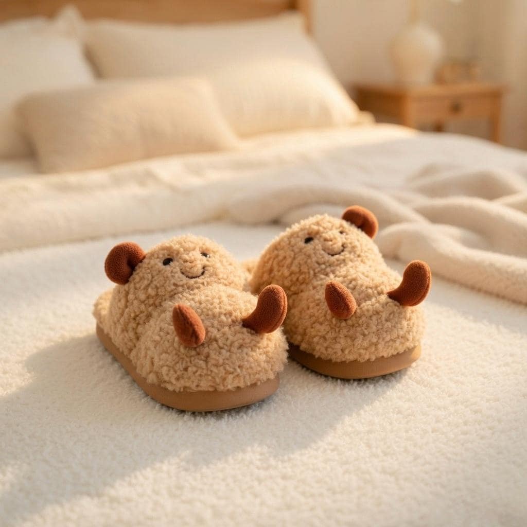 Plush Peanut Slippers | Funny Cartoon Cozy House Shoes, Winter Warmth | SoftSlipsy