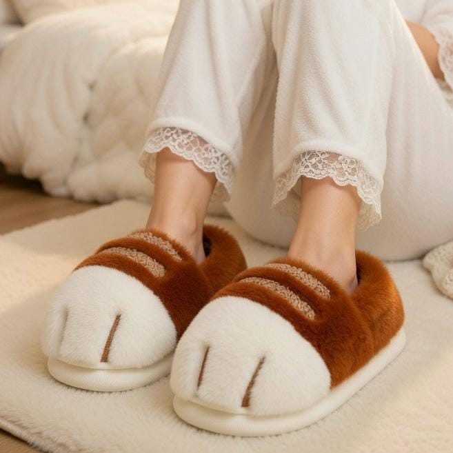 Plush Cat Paw Slippers: Cozy Winter House Shoes for Women | SoftSlipsy