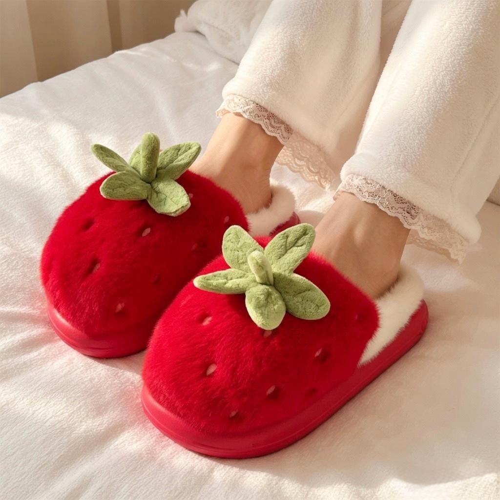 Women's Strawberry Plush Slippers | Cozy Indoor House Shoes, Autumn Winter Warmth | SoftSlipsy