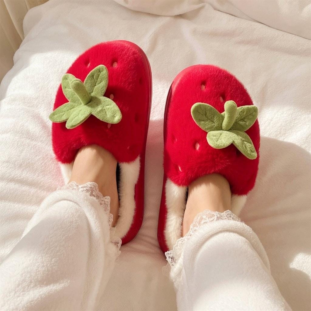 Women's Strawberry Plush Slippers | Cozy Indoor House Shoes, Autumn Winter Warmth | SoftSlipsy