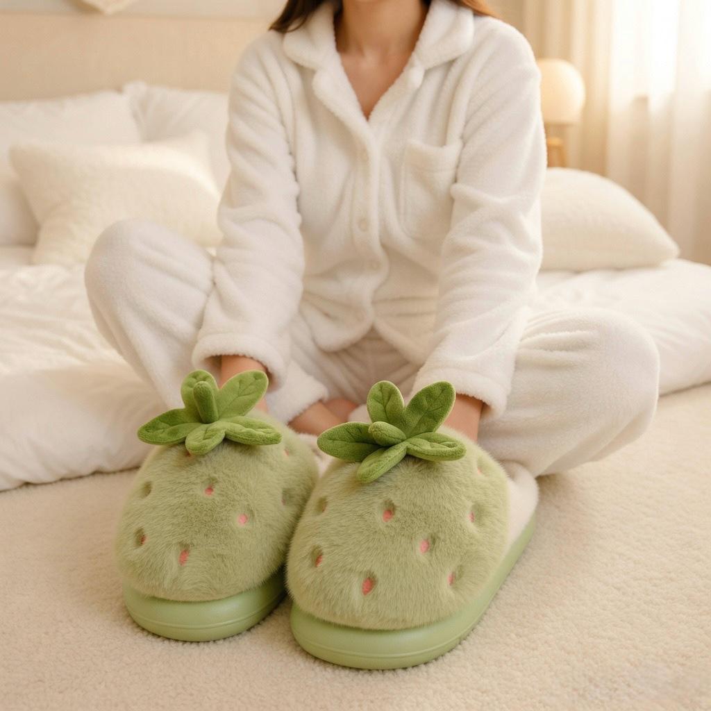 Women's Strawberry Plush Slippers | Cozy Indoor House Shoes, Autumn Winter Warmth | SoftSlipsy