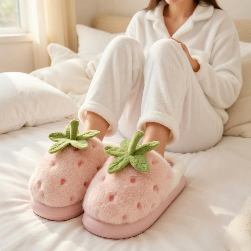 Women's Strawberry Plush Slippers | Cozy Indoor House Shoes, Autumn Winter Warmth | SoftSlipsy