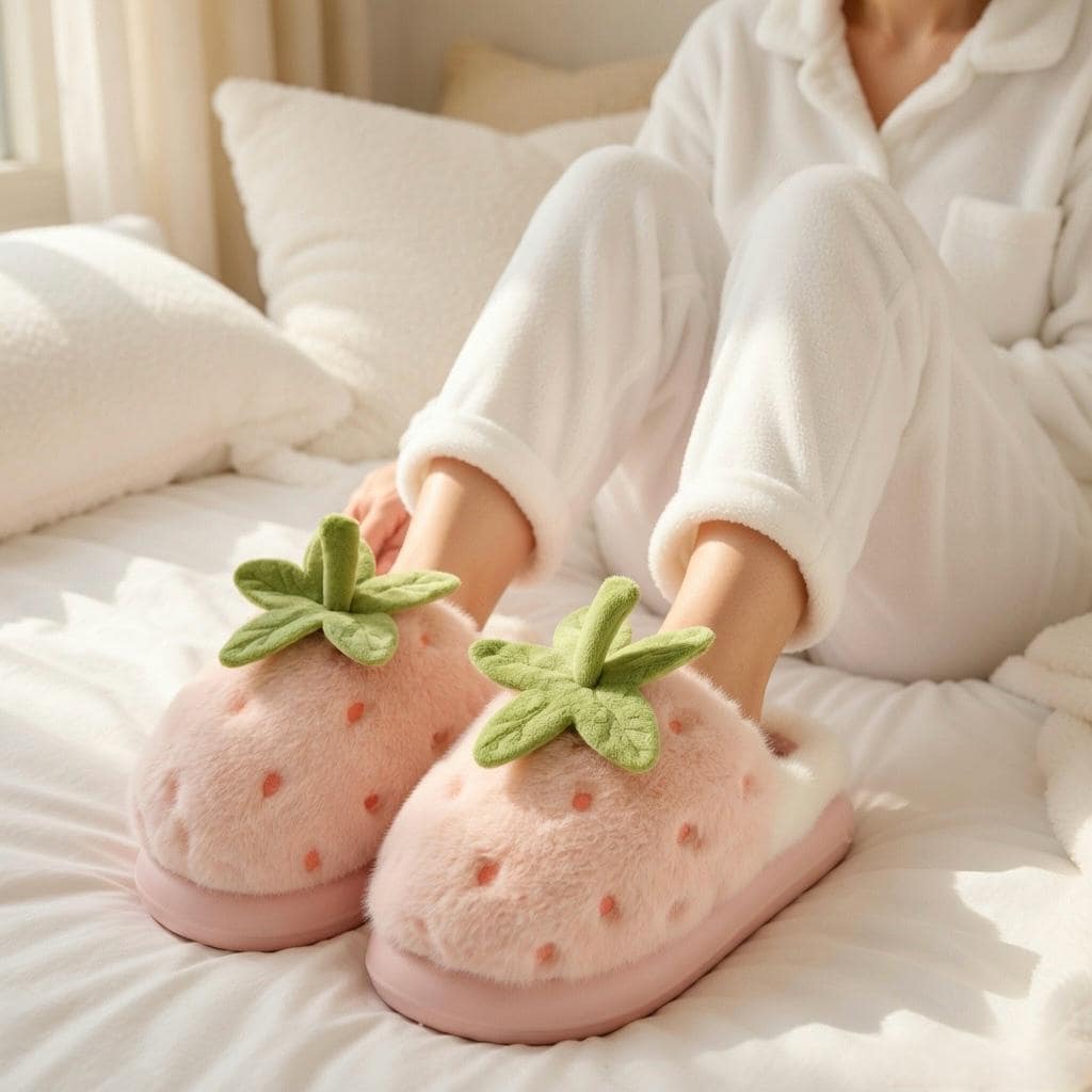 Women's Strawberry Plush Slippers | Cozy Indoor House Shoes, Autumn Winter Warmth | SoftSlipsy