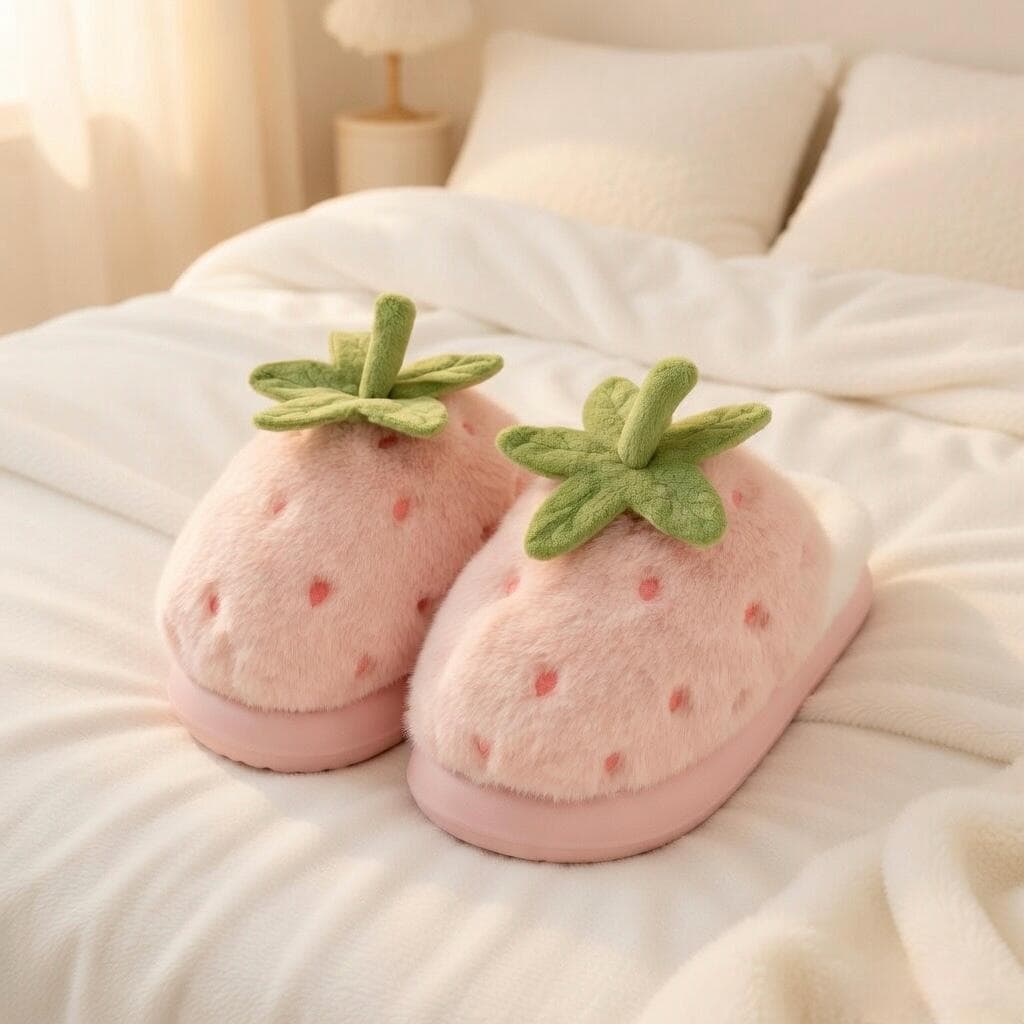 Women's Strawberry Plush Slippers | Cozy Indoor House Shoes, Autumn Winter Warmth | SoftSlipsy