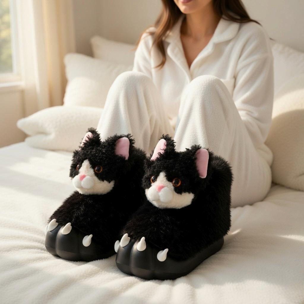 Cat Paw Plush Slippers | Kawaii Animal Indoor Cozy Winter Home Shoes | SoftSlipsy