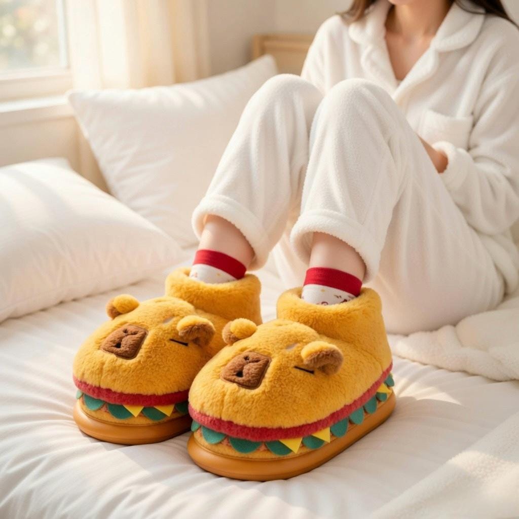 Capybara Burger Plush Slippers – Ultra Cozy Animal House Shoes | SoftSlipsy