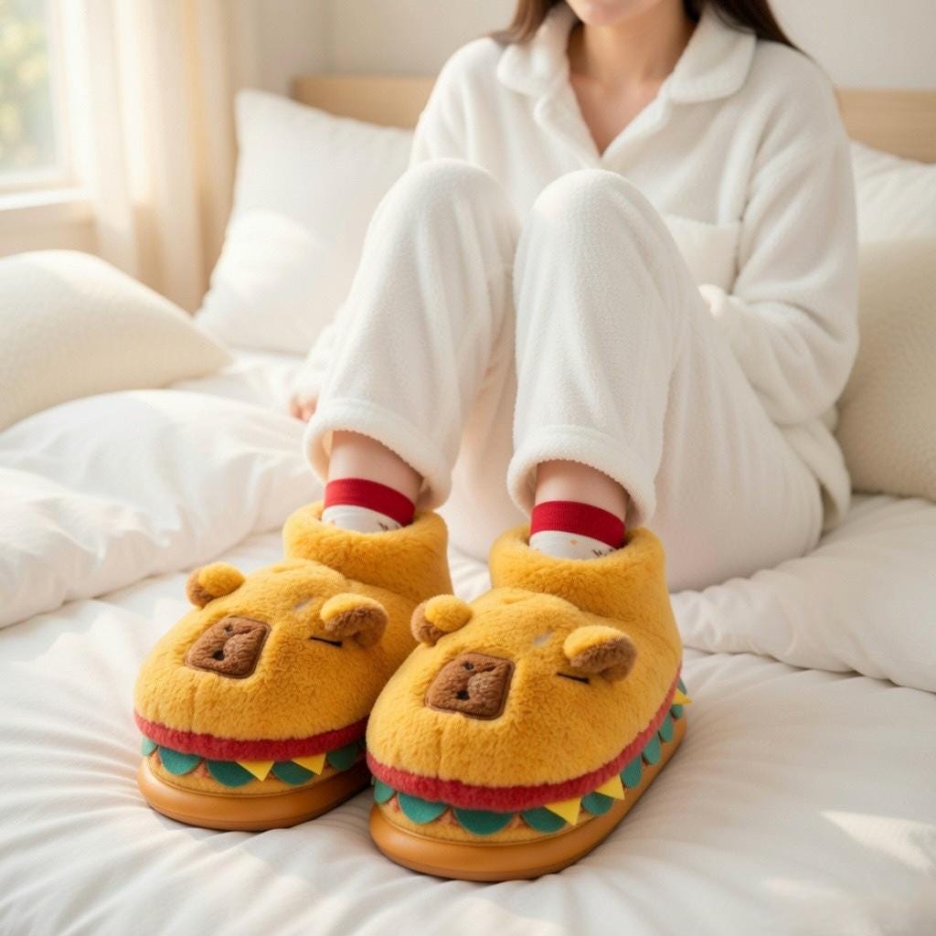 Capybara Burger Plush Slippers – Ultra Cozy Animal House Shoes | SoftSlipsy