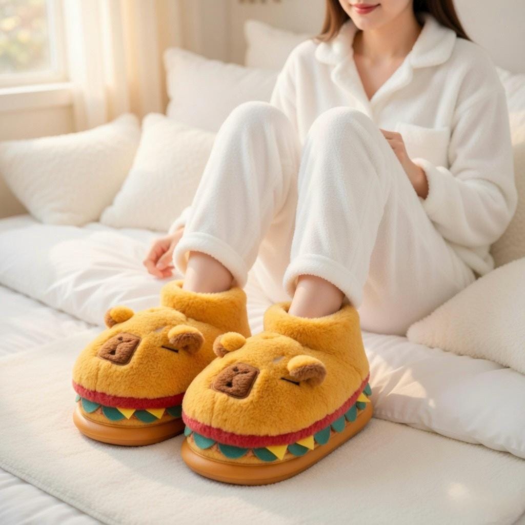 Capybara Burger Plush Slippers – Ultra Cozy Animal House Shoes | SoftSlipsy