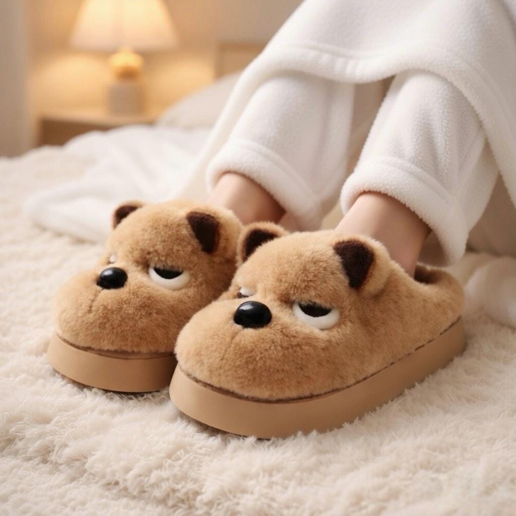 Plush Dog Slippers | Cozy Warm Indoor House Shoes (Brown, Grey) | SoftSlipsy