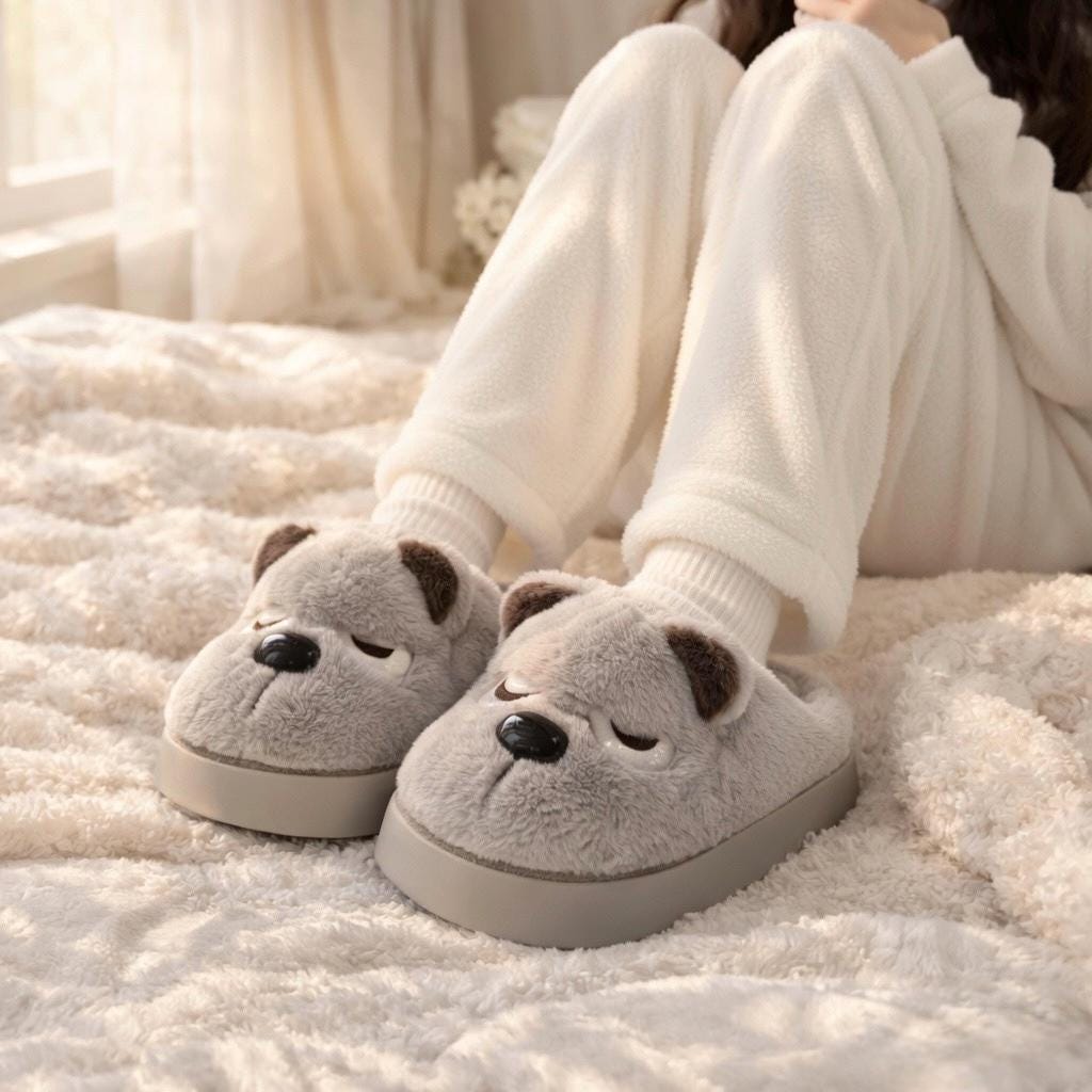 Plush Dog Slippers | Cozy Warm Indoor House Shoes (Brown, Grey) | SoftSlipsy