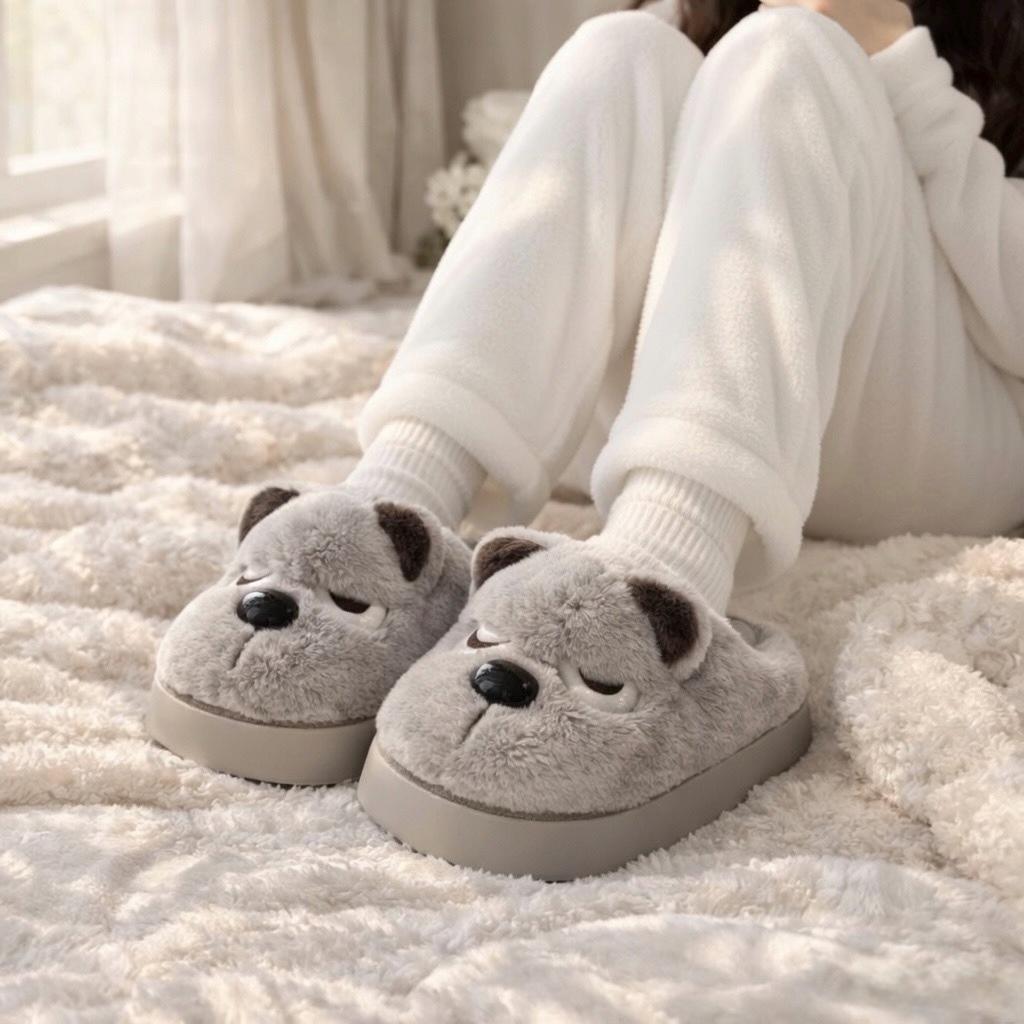 Plush Dog Slippers | Cozy Warm Indoor House Shoes (Brown, Grey) | SoftSlipsy