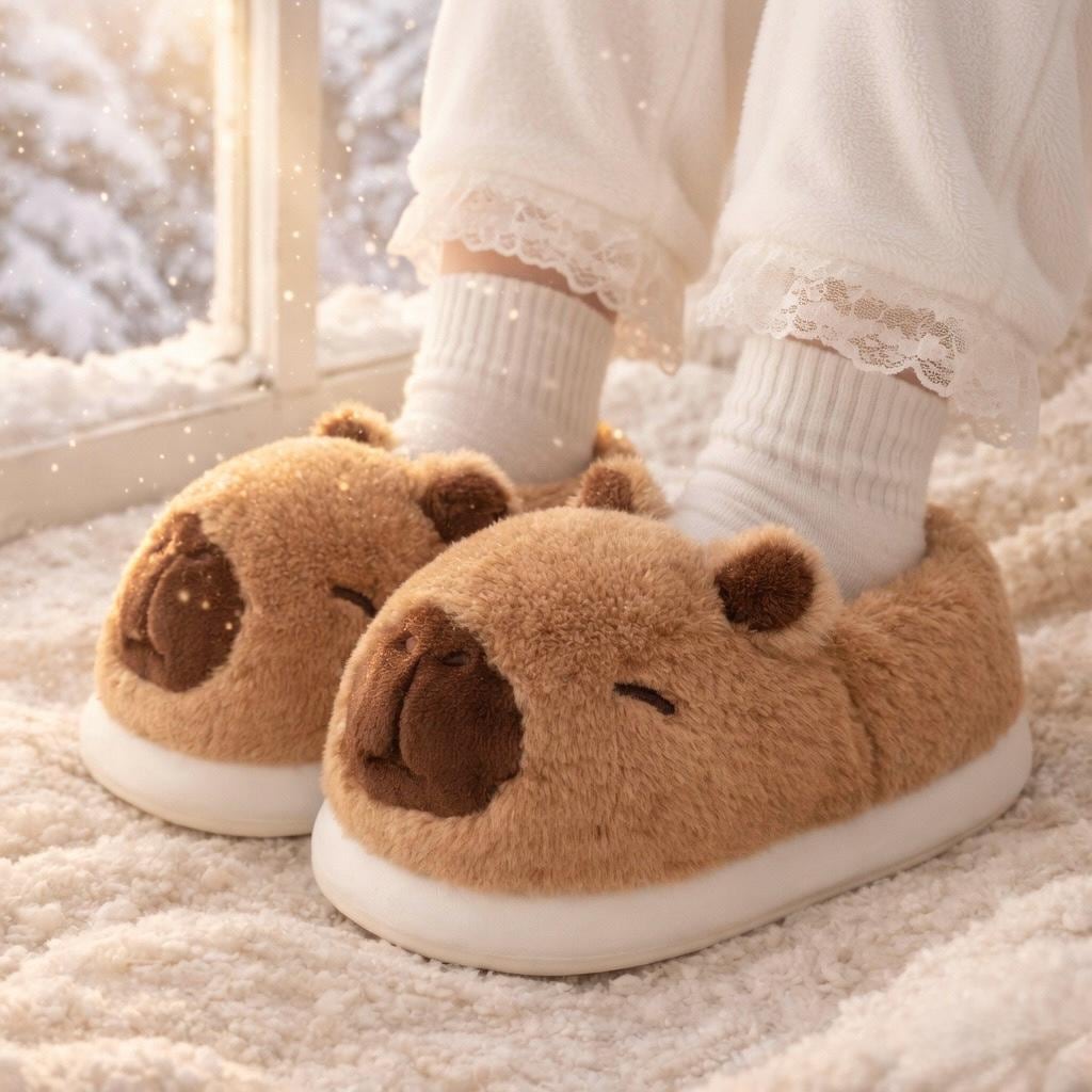 Kawaii Plush Capybara Slippers | Cozy Soft Winter Indoor Shoes | SoftSlipsy