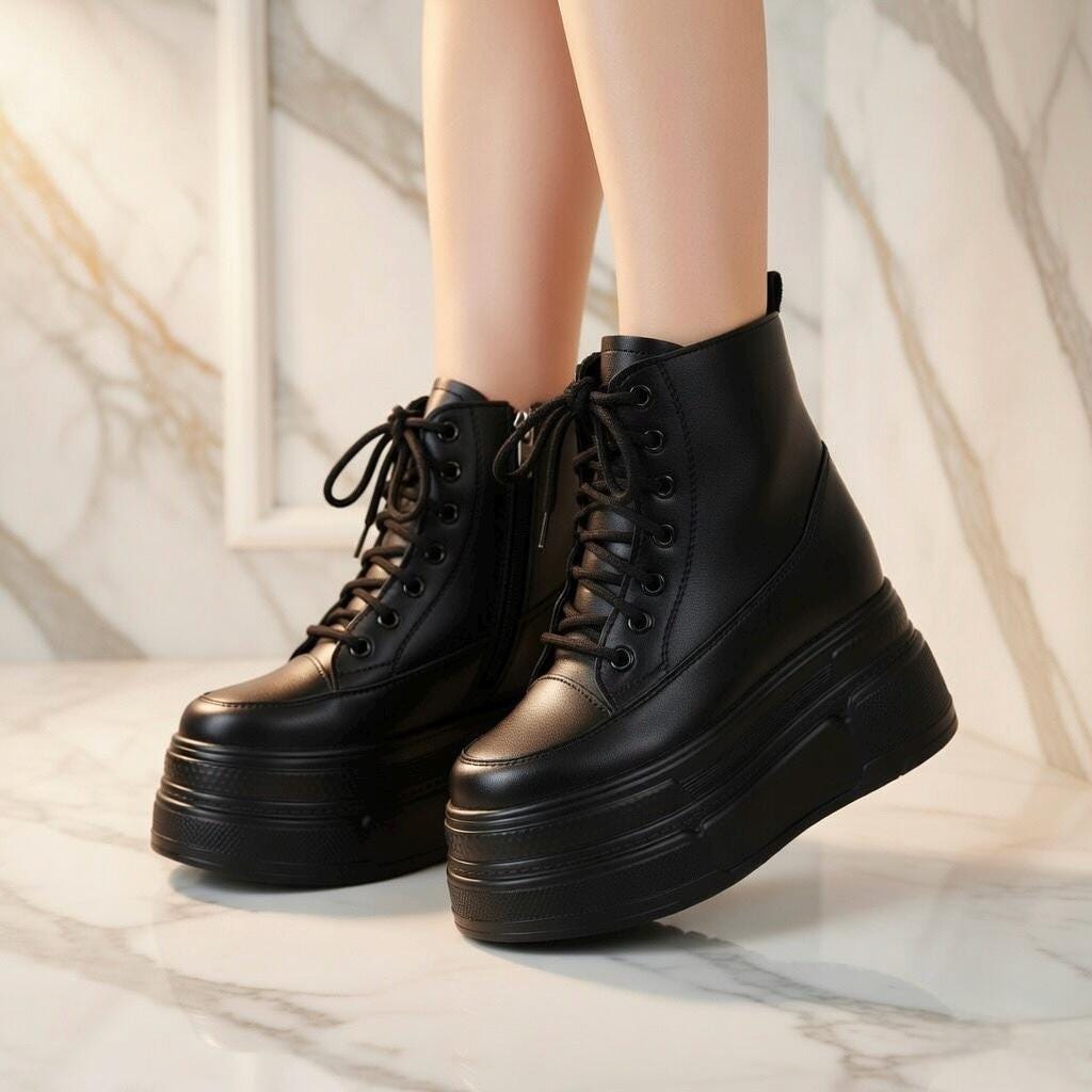 SoftSlipsy 14CM Chunky Platform Ankle Sneakers - Black Lace-Up with Side Zipper