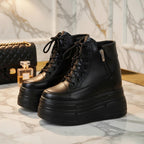 SoftSlipsy 14CM Chunky Platform Ankle Sneakers - Black Lace-Up with Side Zipper