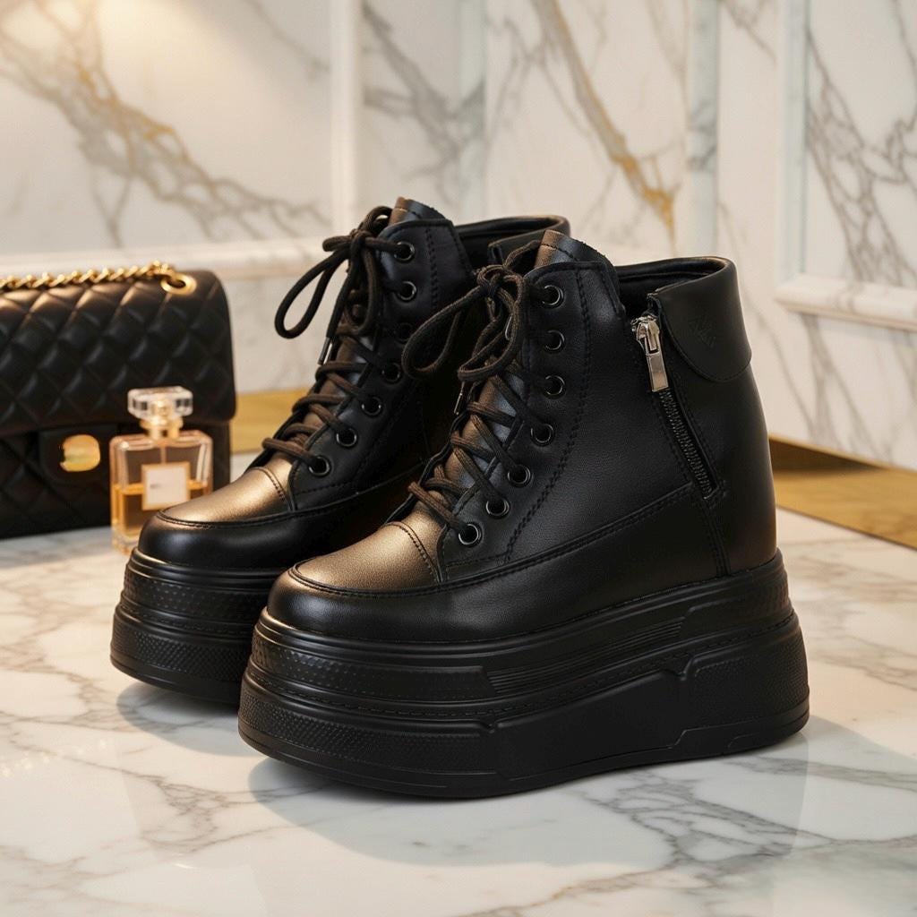 SoftSlipsy 14CM Chunky Platform Ankle Sneakers - Black Lace-Up with Side Zipper
