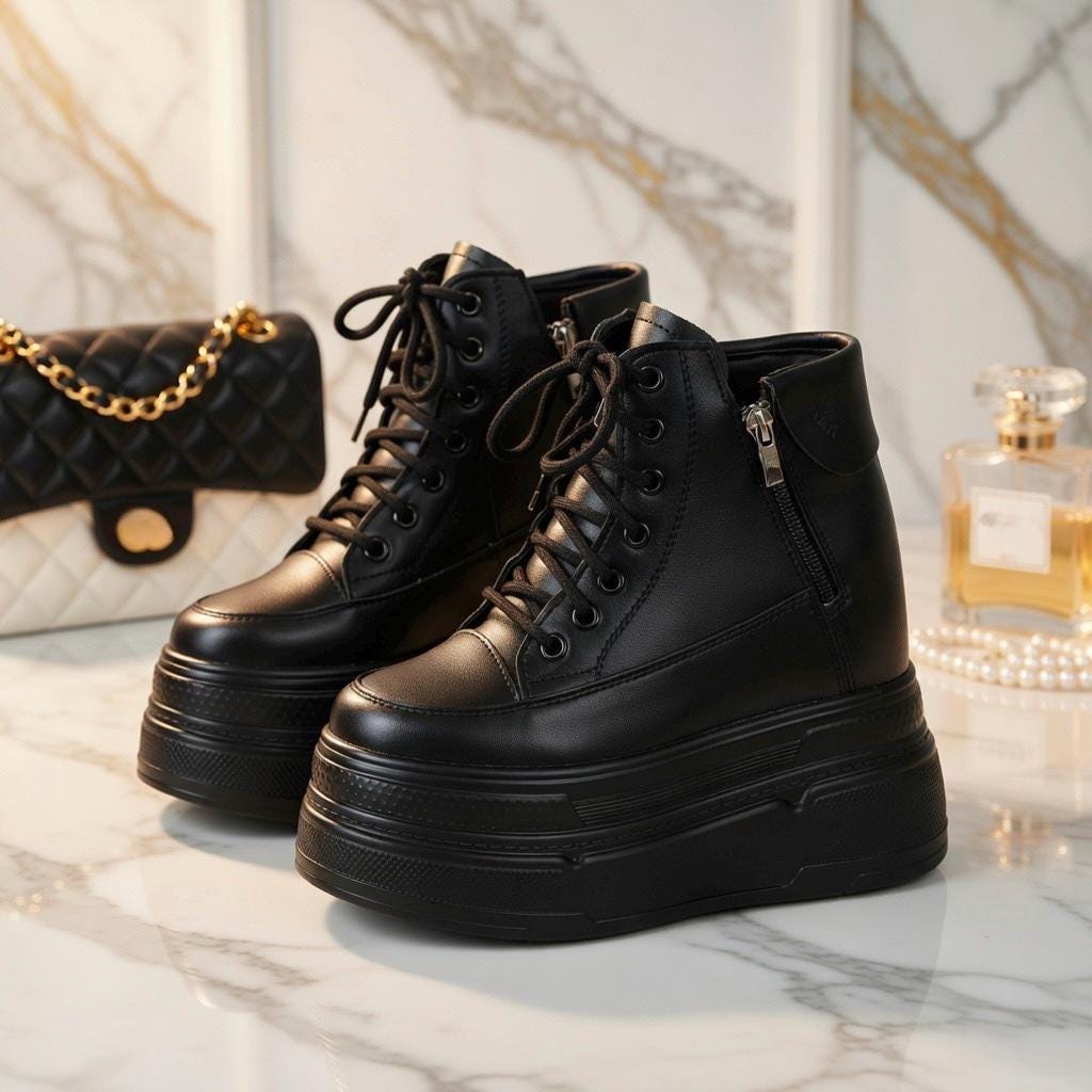 SoftSlipsy 14CM Chunky Platform Ankle Sneakers - Black Lace-Up with Side Zipper