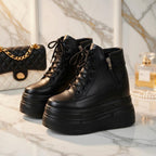 SoftSlipsy 14CM Chunky Platform Ankle Sneakers - Black Lace-Up with Side Zipper