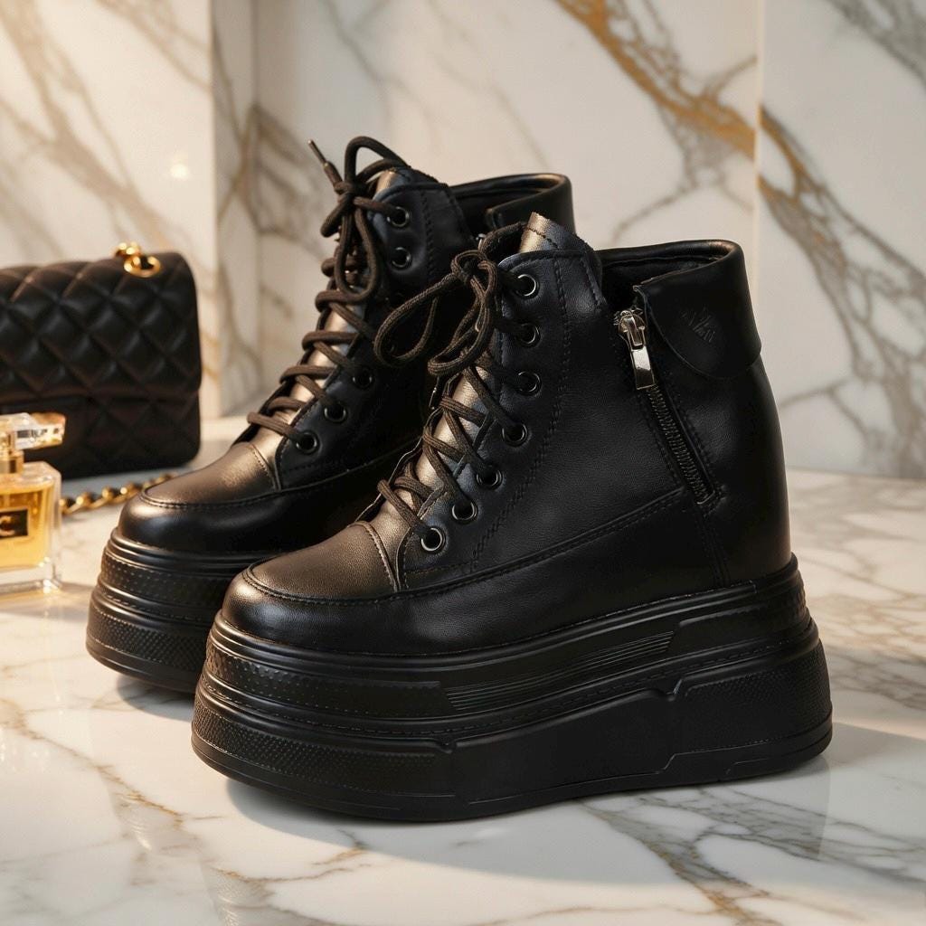 SoftSlipsy 14CM Chunky Platform Ankle Sneakers - Black Lace-Up with Side Zipper