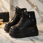 SoftSlipsy 14CM Chunky Platform Ankle Sneakers - Black Lace-Up with Side Zipper