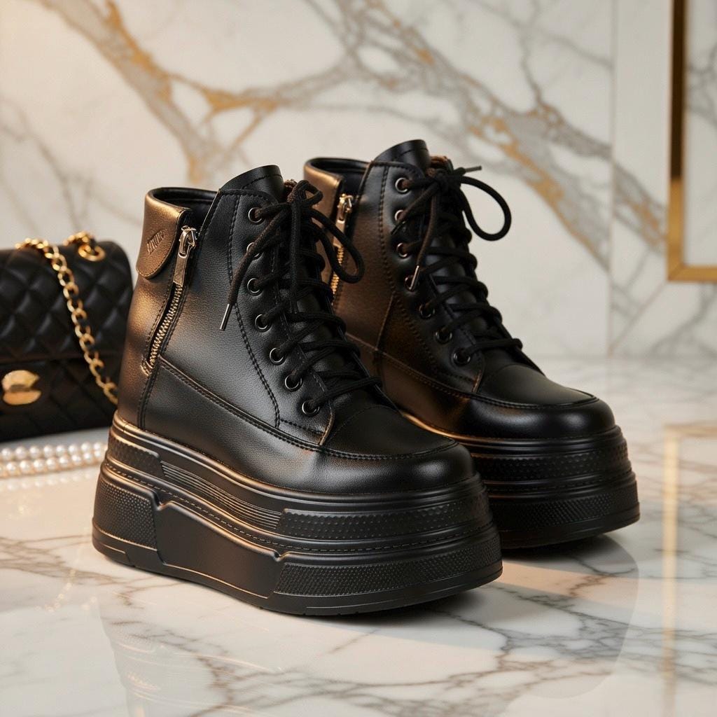 SoftSlipsy 14CM Chunky Platform Ankle Sneakers - Black Lace-Up with Side Zipper