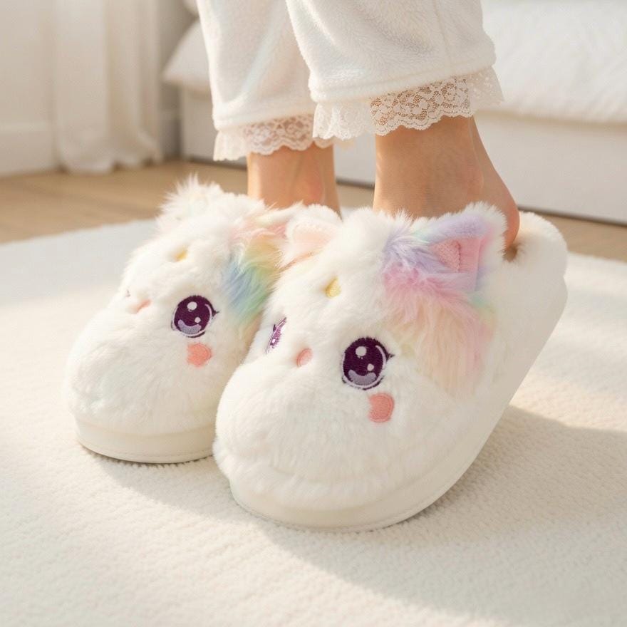 Plush Kitten Slippers | Cozy Rainbow Cat House Shoes, Winter Warmth | SoftSlipsy