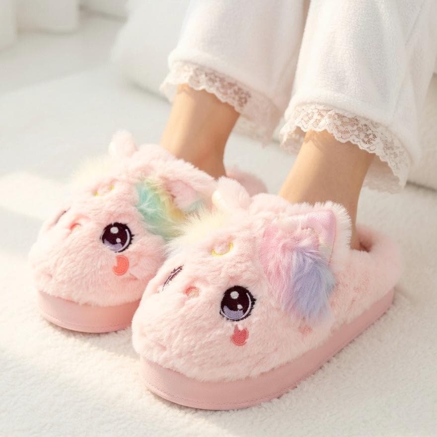 Plush Kitten Slippers | Cozy Rainbow Cat House Shoes, Winter Warmth | SoftSlipsy