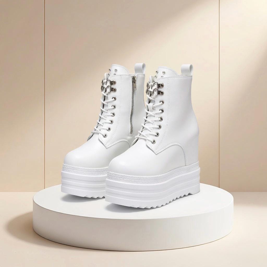 SoftSlipsy Women's White Chunky Platform Ankle Boots | +14CM Height Increasing Fashion