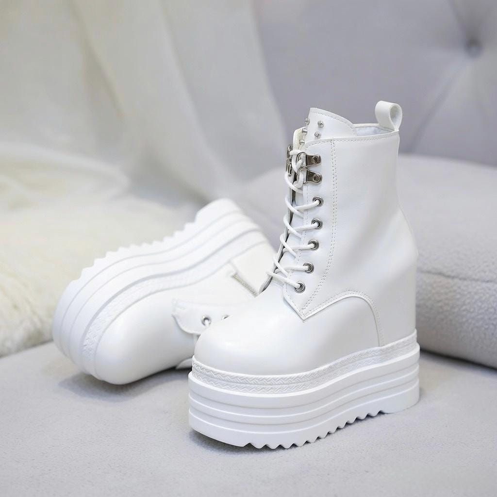 SoftSlipsy Women's White Chunky Platform Ankle Boots | +14CM Height Increasing Fashion