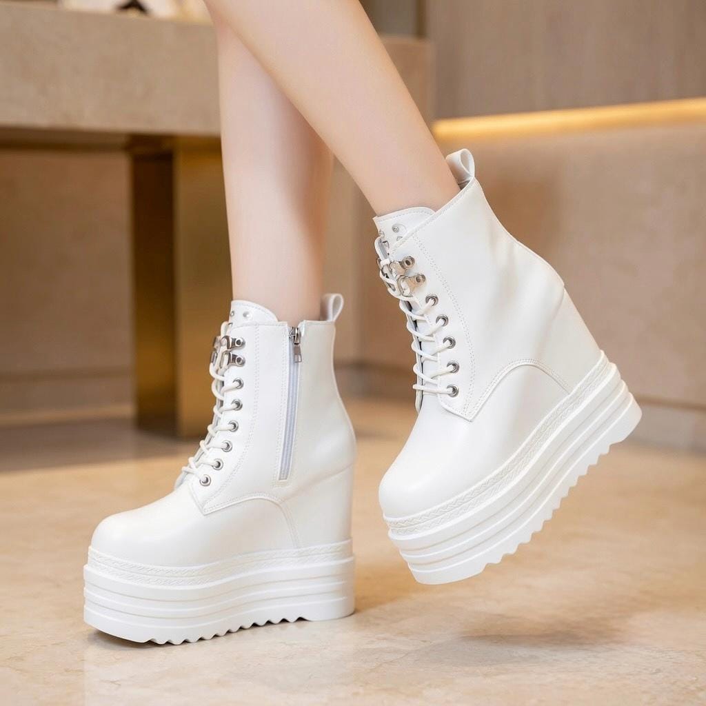 SoftSlipsy Women's White Chunky Platform Ankle Boots | +14CM Height Increasing Fashion