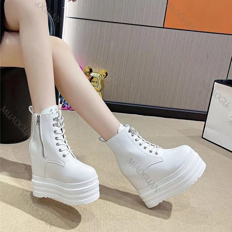 SoftSlipsy Women's White Chunky Platform Ankle Boots | +14CM Height Increasing Fashion