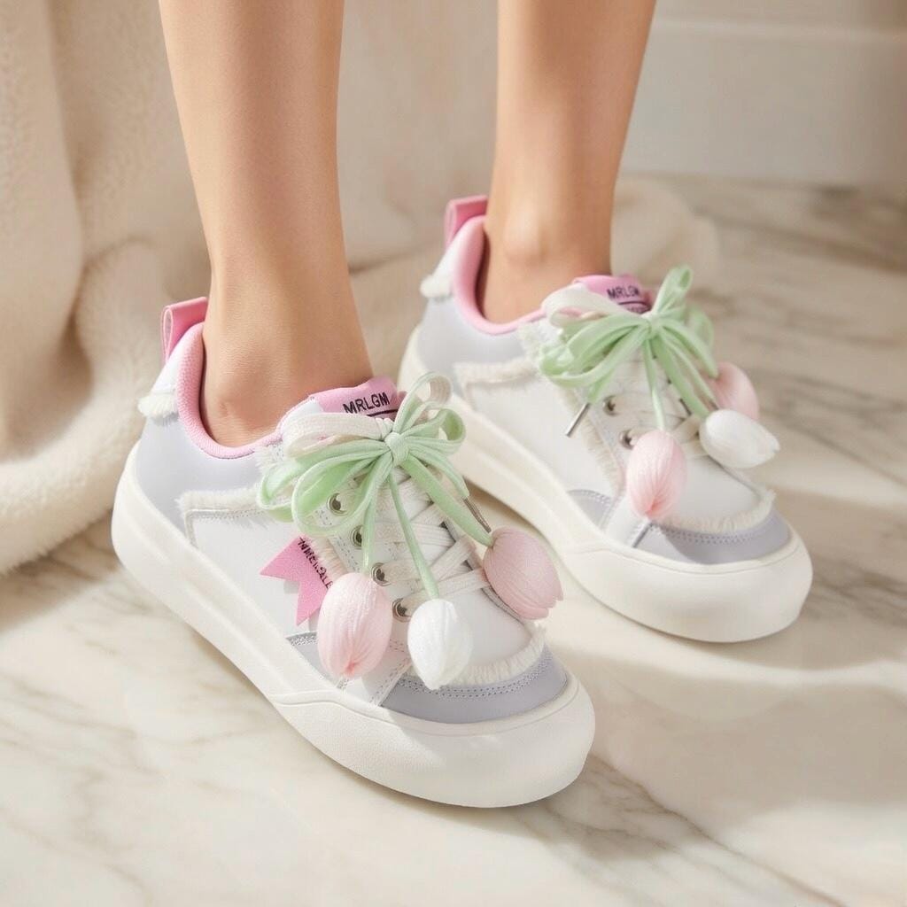 SoftSlipsy Tulip Platform Sneakers | Pastel Floral Chunky Shoes Women, Kawaii Spring Footwear