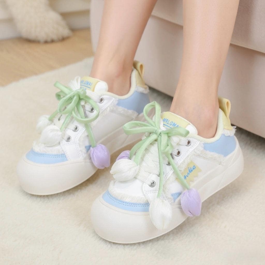 SoftSlipsy Tulip Platform Sneakers | Pastel Floral Chunky Shoes Women, Kawaii Spring Footwear