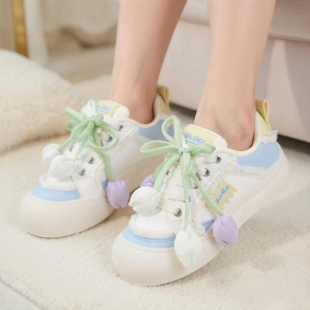 SoftSlipsy Tulip Platform Sneakers | Pastel Floral Chunky Shoes Women, Kawaii Spring Footwear