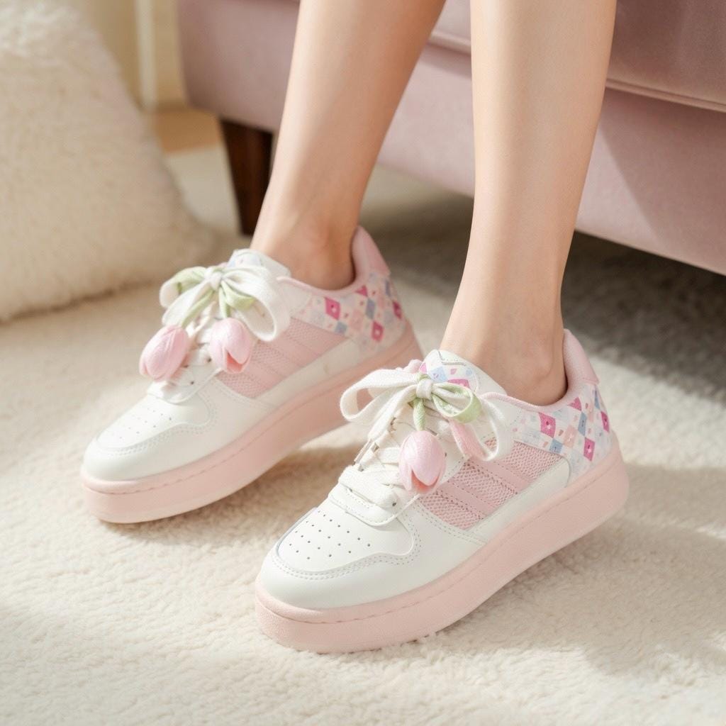 SoftSlipsy Tulip Mesh Platform Sneakers for Women | Breathable Cute Casual Sneakers | Soft Girl Lace Up Shoes | Lightweight Daily Trainers