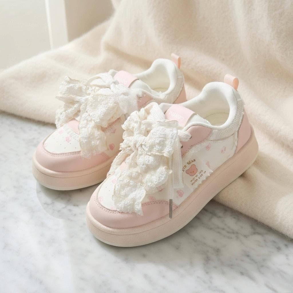 SoftSlipsy Women's Bow Platform Sneakers | Korean Style Lace Up Trainers, Thick Sole Shoes